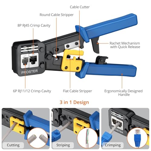 Proster RJ45 Crimp Tool Kit - RJ45 Pass Through Crimp Tool voor CAT5 CAT5e CAT6 Netwerk Kabel met Netwerk Kabel Tester & 50 Stks Vergulde CAT6 Connectoren & Covers & 5 Reserve Blades & Stripper - Afbeelding 3