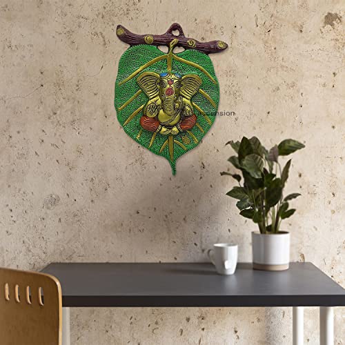 Image of ascension Ganpati Metal Green Lord Leaf Ganesh Idol Patta Statue Decorative Wall Hanging Showpiece Figurine (Green & Multicolour)