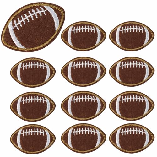 12Pcs Football Embroidered Iron On Patches - Dark Brown Iron Sew On Applique for Jeans Clothes Bags Jackets DIY Sewing Patches (2.2 X 1.4 inch)
