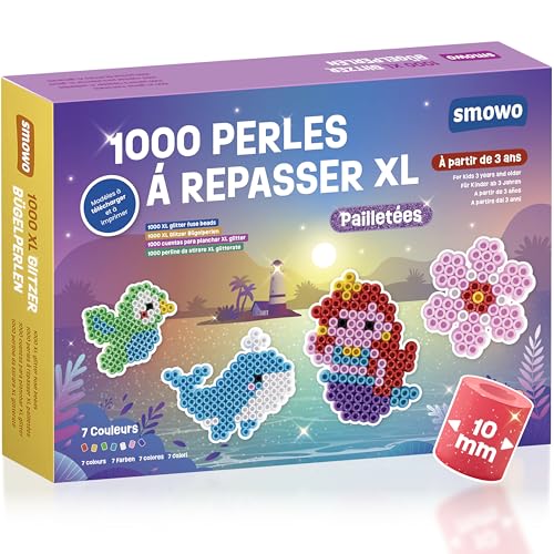 Smowo® Lot de 1000 grandes perles à repasser pailletées de 10 mm pour enfants à partir de 3 ans - 7 couleurs vives, perles XL à enficher - Kit de perles...