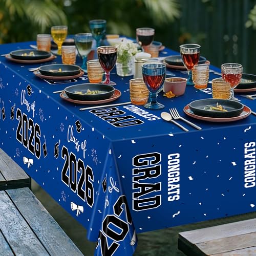 Image of QZYL 4 Pack Graduation Tablecloth, 54 inch x 108 inch Blue Graduation Table Decorations 2026, Plastic Tablecover for Class of 2026 Congrats Grad, Rectangle Disposable Grad Party Decorations Supplies Favors