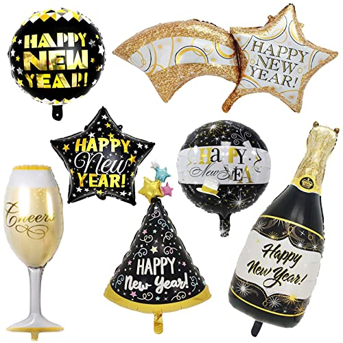 Palloncini di Capodanno Foil Giant Felice Anno Nuovo Palloncino Foil 7 Pezzi Felice Anno Nuovo di palloncini Meteor Star Oro Nero Palloncini di Capodanno per il 2023 Capodanno Decorazioni per feste