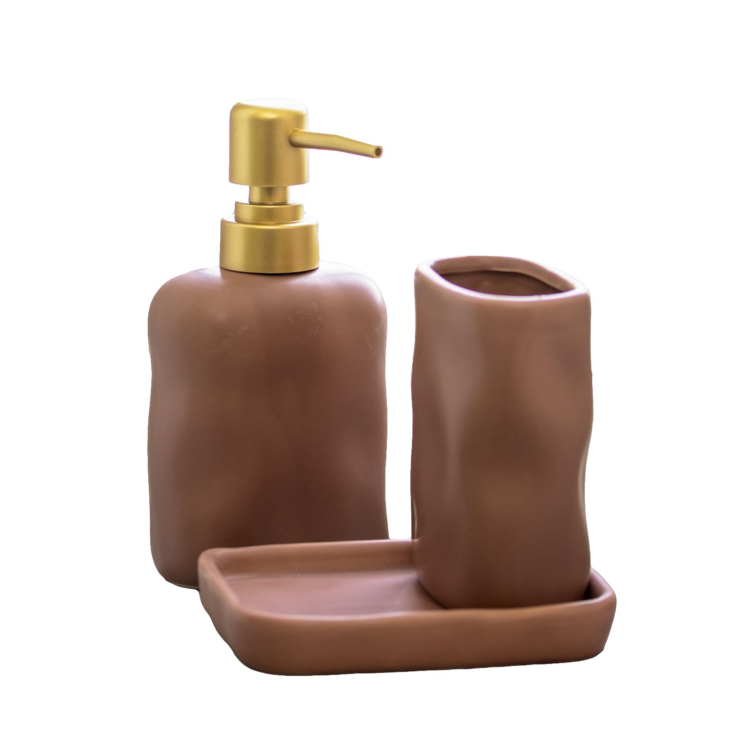 3 Piece Brown Ripple Stoneware Bathroom Accessories Set - Soap Dispenser, Soap Dish, Toothrush Holder Tumbler