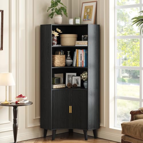 Image of Tall Corner Cabinet with Fluted Doors, 5-Tier Coffee Bar Cabinet | Narrow Storage Cabinets with Adjustable Shelves, Bathroom Organizers and Storage for Small Space, Black