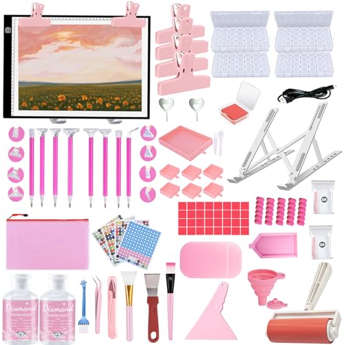 DNSGOOR 244Pcs All Inclusive Diamond Art Accessories Kit Diamond Painting A3 LED Light Pad Set with Diamond Art Sealer Glue Stand Storage Case Pens 5D Painting Tools for DIY Drill Craft