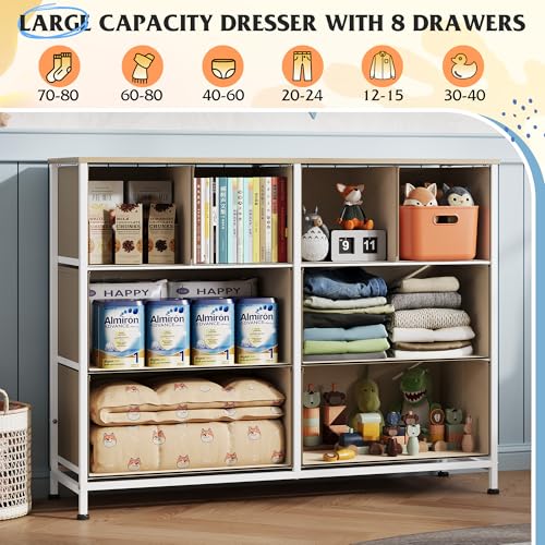 Image of WLIVE Dresser for Bedroom with 8 Drawers, Wide Fabric Dresser for Storage and Organization, Bedroom Dressers, Chest of Drawers for Living Room, Closet, Hallway, Cream White