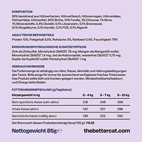 The Better Cat - Getreidefreies Nassfutter mit extra hohem Fleischanteil - Premium Katzenfutter ohne Getreide und ohne Zucker mit Präbiotika (Huhn & Forelle) 12x85g