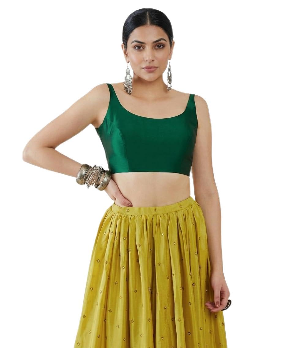 Women's Taffeta Silk Sleeveless Padded Blouse for Saree & Lehenga | U-Neck Ethnic Crop Top with Back Hook Closure | Red, Black, Green & Beige | Sizes S, M, L, XL (Green Taffeta, S)-picture-26