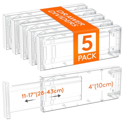 Lifewit Separadores Cajones de 10cm Altura, Organizador Armario, 28-44,5cm Ajustables Divisores para Almacenaje Ropa/Camisetas/Pantalone, Accesorios para Baño/Cocina/Oficina, Transparente, Paquete 5