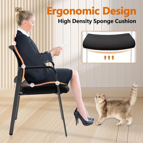 Image of CLATINA Guest Reception Stacking Office Chairs with Arm, Mesh Back Waiting Room Chair with Upholstered Fabric Seat and Ergonomic Lumbar Support for Office Conference School Church, Black-2 Pack