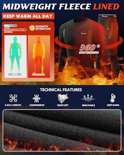 romision 2 Pack Thermal Underwear for Men Long Johns Fleece Lined Hunting Gear Bottom Top Set Base Layer Cold Weather XS-4XL3