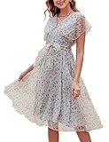 SDEER Women's Summer V Neck Tulle Dress, Flutter Sleeve Ruffle Floral Print Formal Party Beach Midi
