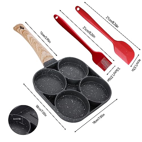 YTDTKJ Omelet Pan Nonstick, 4 Holes Egg Frying Pan with Silicone Small Scraper & Oil Brush, Versatile Breakfast Skillet for Crepes, Pancakes, Suitable for Gas Stove and Induction Cooktop