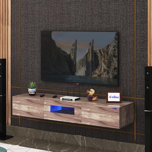 Image of Anikaa Lucen Wall Mount Modern Floating TV Unit for Living Room | 3 Closed Storage cabinets with hinged Door - Blue Color LED Light | Ideal for UP to 65 Inch TV (Walnut Finish - DIY