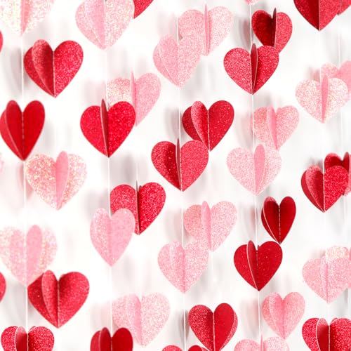 Image of Galentines Party-Decorations Valentines-Day 3D-Heart Garland - 40ft Red Pink Streamers Paper Banner, Proposal Anniversary Romantic Birthday Baby Shower Rustic Wedding Hanging Ornaments Decor Hugfond