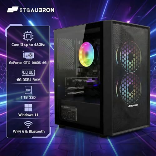 Image of STGAubron Gaming PC Desktop Computer, Intel Core i3-10100F up to 4.3G, GeForce GTX 1660 Super 6G, 16G DDR4, 1T SSD, WiFi 6, BT 5.0, RGB Fan x2, Windows 11 Home