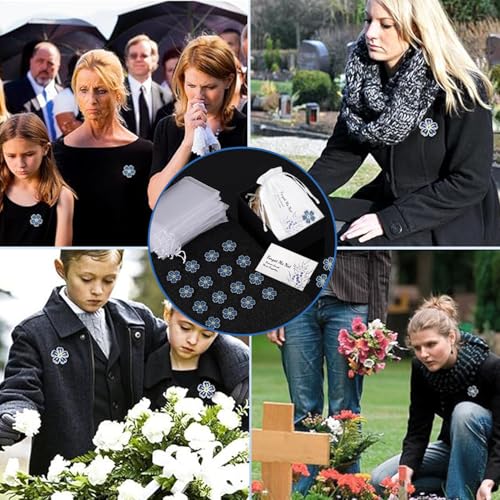 Image of 20 Pcs Bulk Memorial Pins for Funeral Guests - Flower Brooches with Poem Cards & Forget-Me-Not Design | Celebration of Life Favors, Sympathy Remembrance Gifts