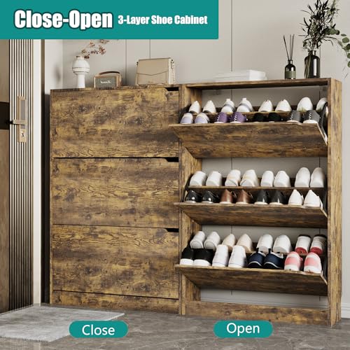 Image of Xixini Shoe Storage Cabinet for Entryway with 3 Flip Drawers, Sturdy Wood Hidden Shoe Storage, Freestanding Narrow Slim Shoe Organizer for Front Door Entrance, Living Room, Hallway, Bedroom, Brown