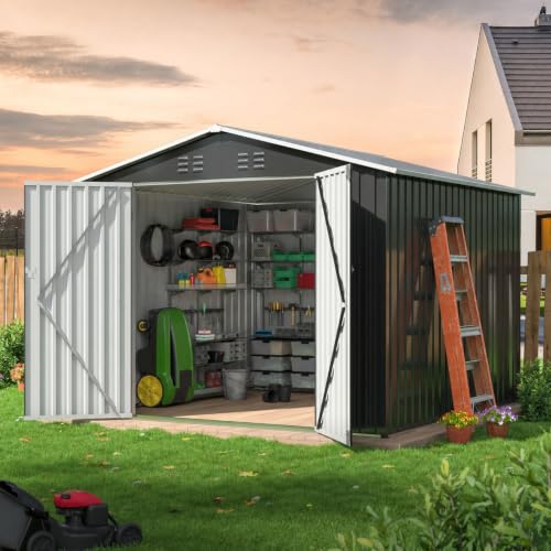 Image of AirWire 8x8 FT Outdoor Storage Shed Gray | Garden Shed with Updated Frame Structure and Lockable Doors, Metal Tool Sheds for Backyard Garden Patio Lawn