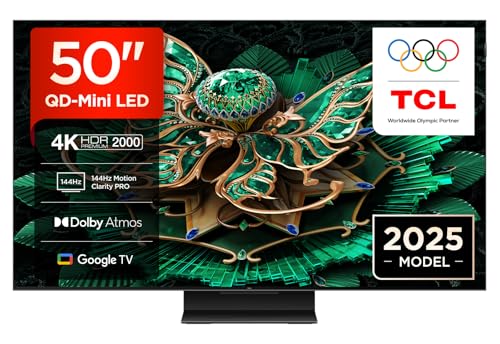 TCL 50C7K 55' QD-Mini LED TV, 4K HDR Premium 2000, Smart Google TV, 144Hz Motion Clarity Pro (Dolby Vision IQ & Atmos, HVA-Panel, Game Master)