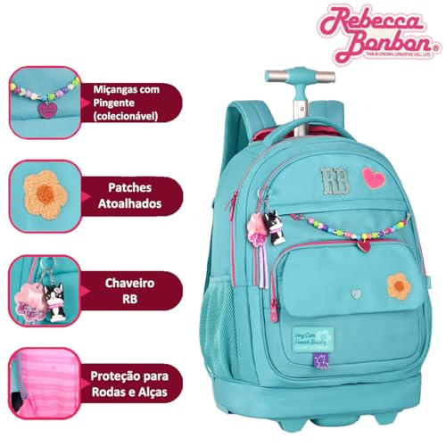 Kit Mochila Rodinhas Rebecca Bonbon com Lancheira e Estojo Box (Verde Água)