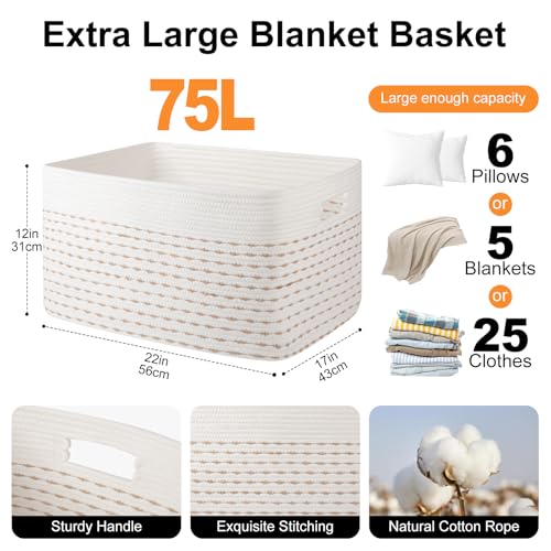 Image of OIAHOMY 75L Large Blanket Basket Rectangle Storage Basket Light Yellow