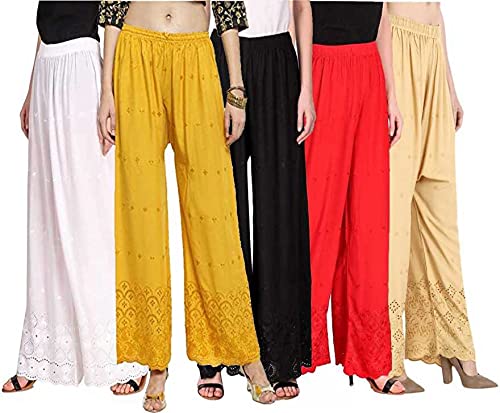 tnq Women's Rayon Chicken Work Embroidered Palazzos/Rayon Palazzo Combo Set of 5 Pcs-picture-15