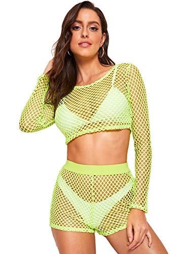 SweatyRocks Women's Sexy 2 Pieces Fishnet Crop Top with Shorts Outfit Set Green L