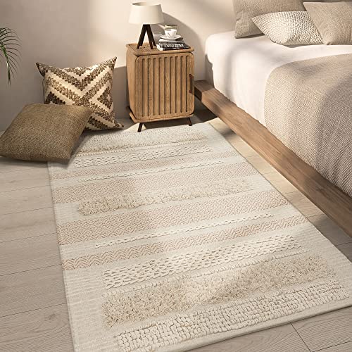 Sumgar Boho Tribal Area Rug-3X5 Woven Cotton Rug For Bedroom, Washabel Rug, Bedroom Decor, Beige Cream Neutral Rug, Handmade Tufted Knoted Soft Rug With Sparkle Gold Metalic, For Living Room Entryway #TOP20