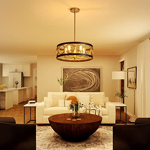 XINGQI 21.7'' Drum Chandelier 5-Light Rustic Pendant Lighting Fixture Modern Farmhouse Chandeliers Black and Gold for Living Room Dining Room Bedroom XY094-ca by XINGQI - Used condition - Image 7