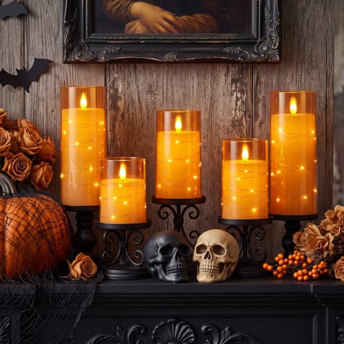 Image of Homemory Halloween Flameless Candles, Orange LED Pillar Candles, Fall Decor