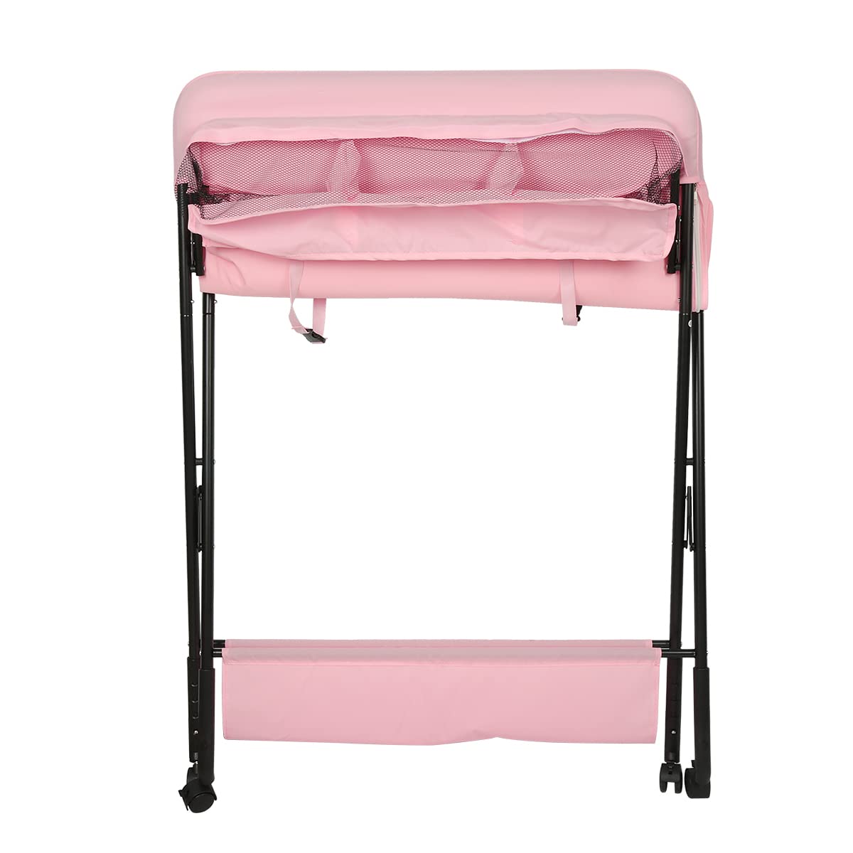Mueble Cambiador Bebe Plegable y Portátil, Cambiador con 4 Ruedas,Patrón de Jirafa-80 x 66 x 92/95/98 cm (Rosa)