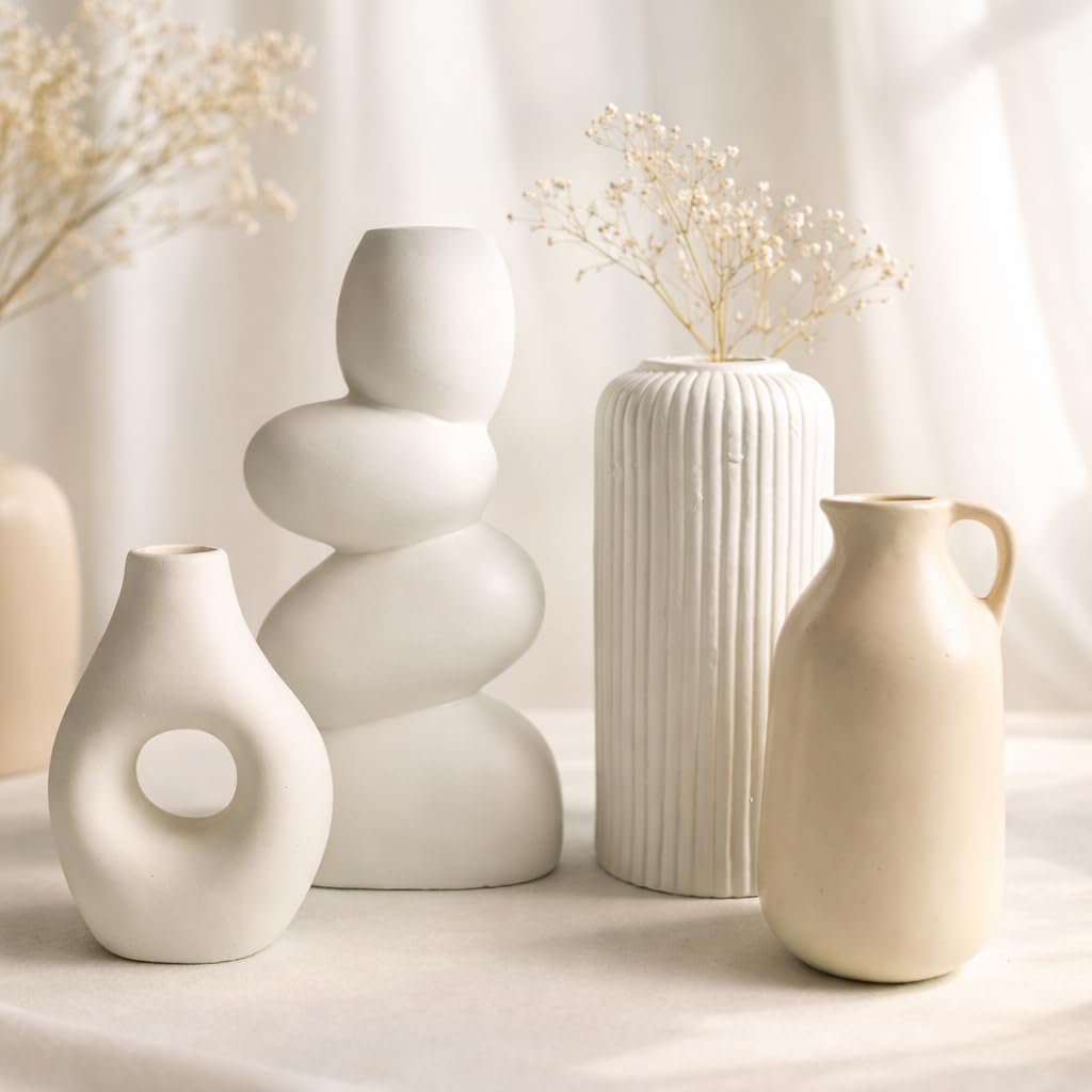 The White Space Living Elegant and Aesthetic Set of Four White and Beige Vases - Pebble Vase, Ribbed Vase, Jug Vase & D Shaped Vase
