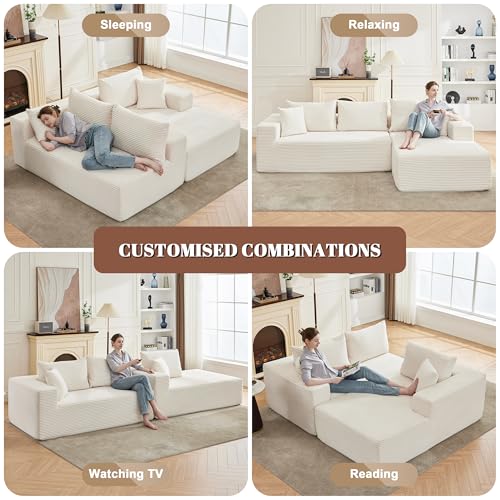 110” Cloud Sectional Couch, Modular Sectional Sofa for Living Room, Boneless Sofa with Deep Seat, Comfy Fluffy Couch with L-Shaped Chaise, No Assembly Required (Right-Facing Chaise, Beige)