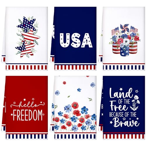 Bencailor 6 Pcs 4th of July Floral Kitchen Towel Patriotic Star Absorbent Hand Towels Independence Day Gnome Dish Cloths Dish Microfiber Towels for Home Cleaning (Classic