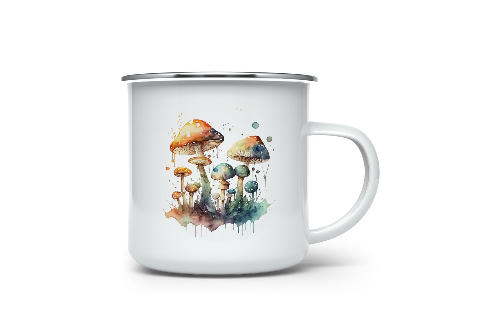 MAXIKIWI - Durable Enamel Coffee or Tea Camping Mug for Indoor Outdoor Use - Watercolor Mushrooms - 350ml