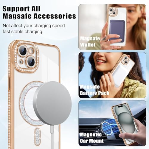 Image of Cute Compatible with iPhone 13 Diamond Glitter Case,Luxury Bling Rhinestone Soft Clear TPU Bumper Case,Compatible with MagSfe and Camera Lens Protection Cover for Women Girls (Gold)