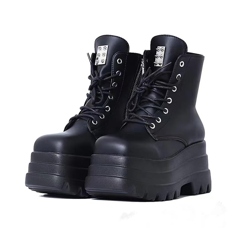 Botas de combate de plataforma gótica para mujer, tacón alto grueso, con cordones, botines punk, zapatos emo Y2K - 24.0 cm - Negro 3