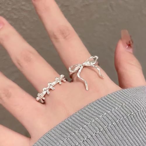 2pcs Silver Bow Ring,Finger Rings Wedding Rings,Silver Rings Open Adjustable Rings,Cute Rings Bow Rings for Women,Mothers Day Valentines Day Wedding Anniversary Birthday Gifts3