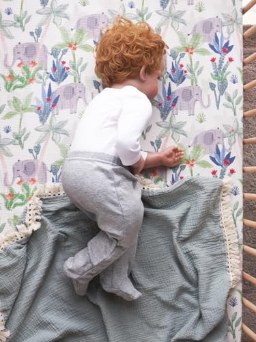 Image of TILLYOU Muslin Crib Sheets for Boys and Girls 2 Pack, Neutral Soft Cotton Baby Crib Mattress Protector, for 52x 28 Toddler Bed, Rainforest Elephant & Grey