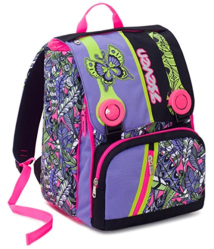 Preisvergleich Produktbild Erweiterbarer Schulrucksack Seven , Butterfly , Schwarz Lila , 28 Lt , Grund- Und Mittelschule