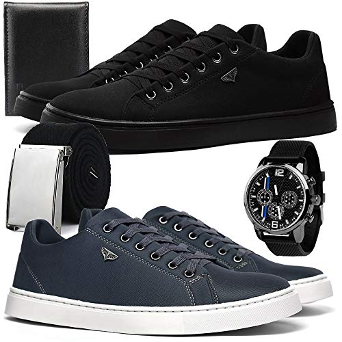Kit 2 Tênis Skateboard Sport Masculino Confortável + Cinto e Carteira (PRETO-AZUL, 41)
