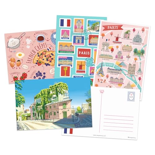 Navy Peony Cartes Postales de Voyage Paris (4x6 Pouces, 12 pièces, 4 Designs) – Carte de Paris, Thème Timbre Postal, Cartes Postales Illustrées par Artistes pour Postcrossing
