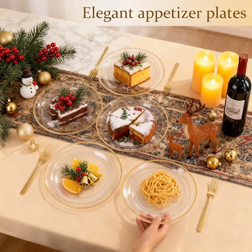 I00000 72 Pcs Clear Plastic Dessert Plates 7.5" & 72 Pcs Gold Disposable Forks 7.4", Clear Small Plates, Fancy Salad Plate,Gold Cake Plate for Thanksgiving,Christmas。Party, Occasions, Wedding