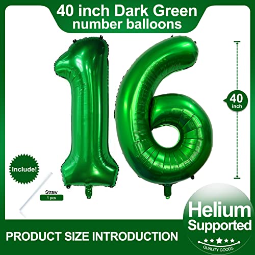 Image of Number 16 Dark Green Balloons 40 Inch Giant Green 16 Numer Foil Helium Balloons for 16th Green Birthday Party Supplies 16th Anniversary Events Decorations