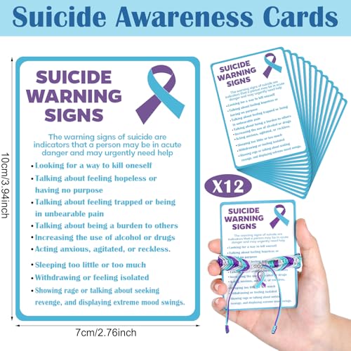 12 Sets Suicide Prevention Awareness Bracelet with Warning Card Sets Handmade Adjustable Wrist Wrap Teal and Purple Prevention Awareness Gift Protection String for Events and Fundraising2