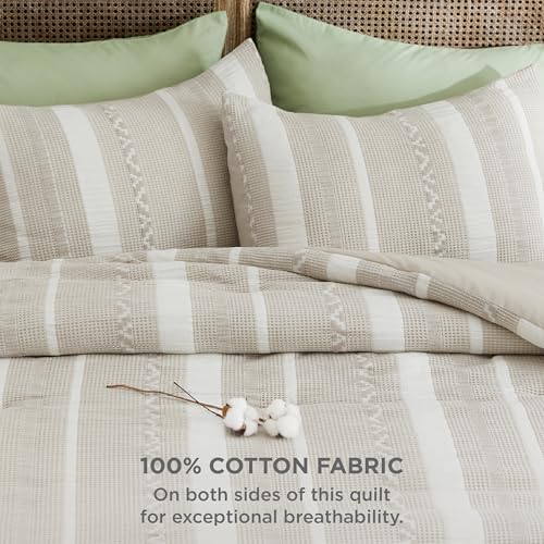 Image of Bedsure Waffle Queen Comforter Set - Linen Soft Cotton Bedding Set for All Seasons, Stripe Fluffy Bed Set 3 Pieces with 1 Waffle Weave Comforter Queen Size and 2 Pillow Shams
