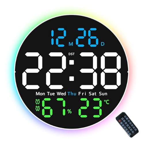 Liwankaqi Digitale Wanduhr, 10-Zoll Wanduhr Digital LED Groß Rund mit Fernbedienung,Digitaler Wandkalender mit Automatischer Helligkeitseinstellung für Dekor Wohnzimmer Büro Fitnessstudio, Blau