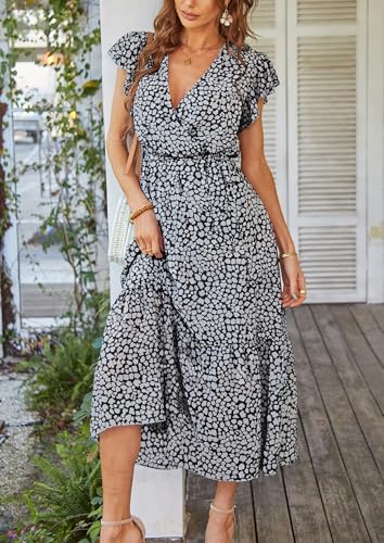 PRETTYGARDEN Women's Summer Floral Boho Maxi Dress Wrap Short Sleeve V Neck Ruffle A-Line Flowy Wedding Guest Long Dresses
