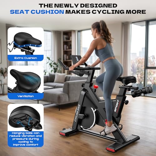 Image of Pooboo Exercise Bike, Stationary Bikes for Home Cardio with Comfortable Seat Cushion, Adjustable Seat Handle, APP Supported Spin Bikes for Home with iPad Holder & 400 lbs Weight Capacity